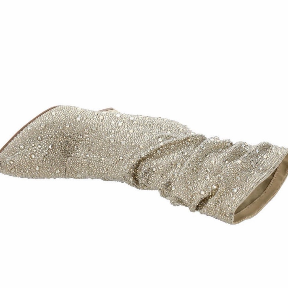 Betsey Johnson Mac Crystal-Studded Cream Heeled Boots - Picture 5 of 10